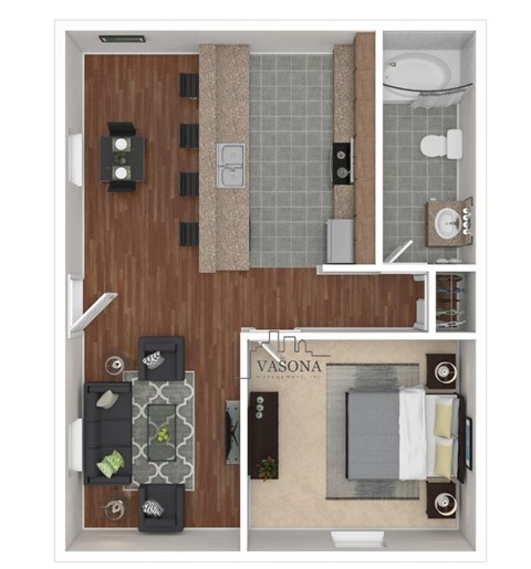 Floor plan for 1 bed, 1 bath, 650 sqft